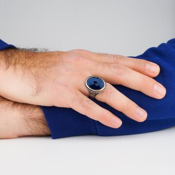 Mavi Oval Zirkon Taşlı 925 Ayar Gümüş Erkek Yüzük