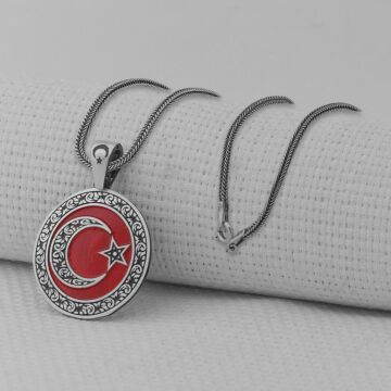 Gravür İşlemeli 925 Ayar Gümüş Büyük Boy Ay Yıldız Kolye
