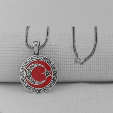 Gravür İşlemeli 925 Ayar Gümüş Büyük Boy Ay Yıldız Kolye