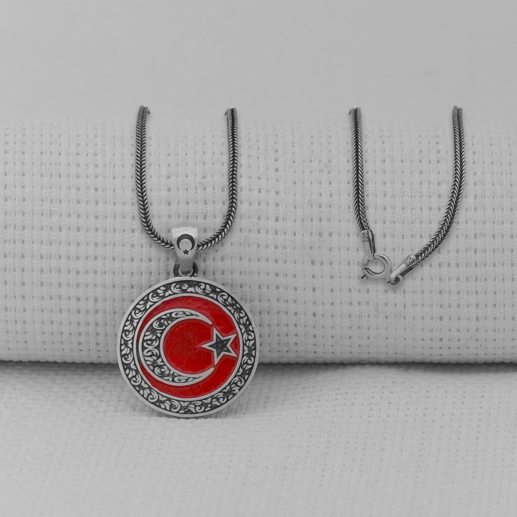 Gravür İşlemeli 925 Ayar Gümüş Orta Boy Ay Yıldız Kolye