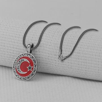 Gravür İşlemeli 925 Ayar Gümüş Orta Boy Ay Yıldız Kolye