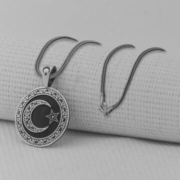 Gravür İşlemeli Siyah 925 Ayar Gümüş Büyük Boy Ay Yıldız Kolye