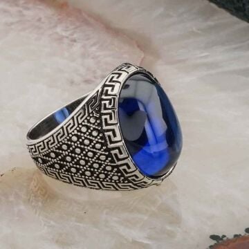 925 ayar Gümüş Mavi Bombeli  Oval Taşlı Erkek Yüzük