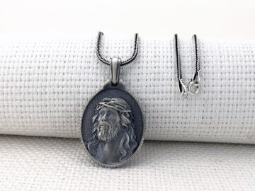 Hz İsa Dikenli Taçlı Üç Boyutlu 925 Ayar Gümüş Kolye