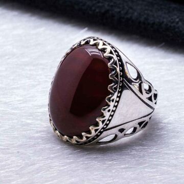 925 Ayar Gümüş Bordo Akik Taşlı Yüzük