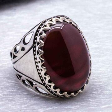 925 Ayar Gümüş Bordo Akik Taşlı Yüzük