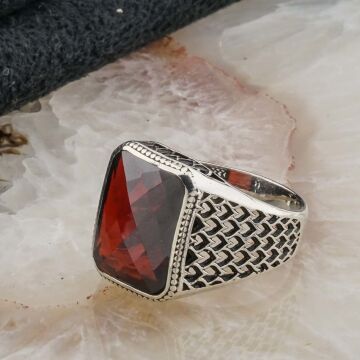 Kırmızı  Zirkon Taşlı Gümüş  Erkek Yüzük