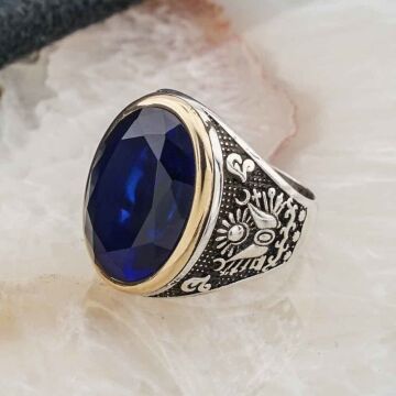 925 Ayar Gümüş  Mavi  Zirkon Taşlı Tuğra Detaylı  Erkek Yüzük