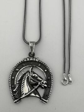 Özel At Nalı Tasarımlı 925 Ayar Gümüş Kolye 60 CM