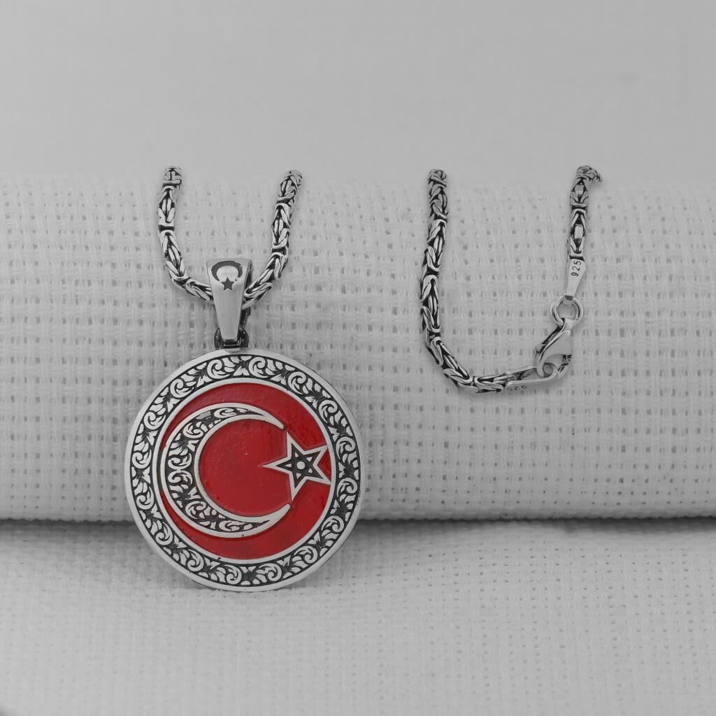 Gravür İşlemeli 925 Ayar Erkek Gümüş Büyük Boy Ay Yıldız Kolye
