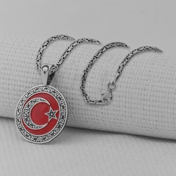Gravür İşlemeli 925 Ayar Erkek Gümüş Büyük Boy Ay Yıldız Kolye
