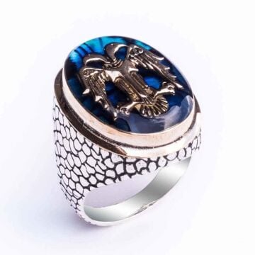 925 Ayar Gümüş Büyük  Mavi Mineli  Selçuklu Kartalı Erkek Yüzük