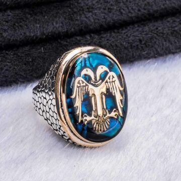 925 Ayar Gümüş Büyük  Mavi Mineli  Selçuklu Kartalı Erkek Yüzük