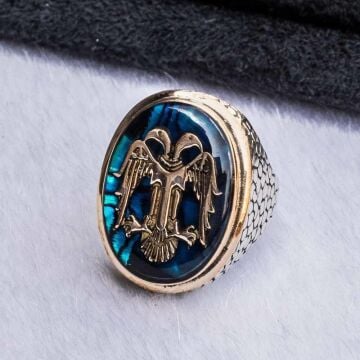 925 Ayar Gümüş Büyük  Mavi Mineli  Selçuklu Kartalı Erkek Yüzük