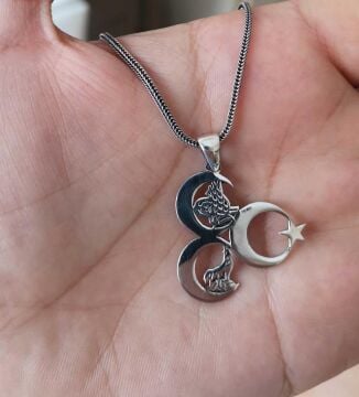 925 Ayar Gümüş Üç Hilal Tuğra Ve Bozkurt Motifli Erkek Kolye