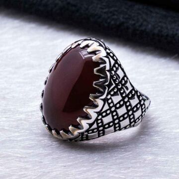 925 Ayar Gümüş Bordo  Akik Taşlı  Yüzük