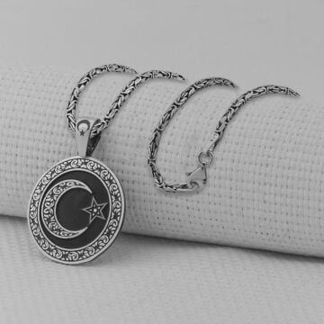 Gravür İşlemeli Siyah 925 Ayar Erkek Gümüş Büyük Boy Ay Yıldız Kolye