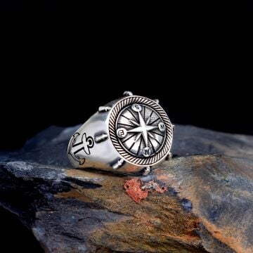 925 Ayar Gümüş Pusula Gemi Çapa Model Yüzük