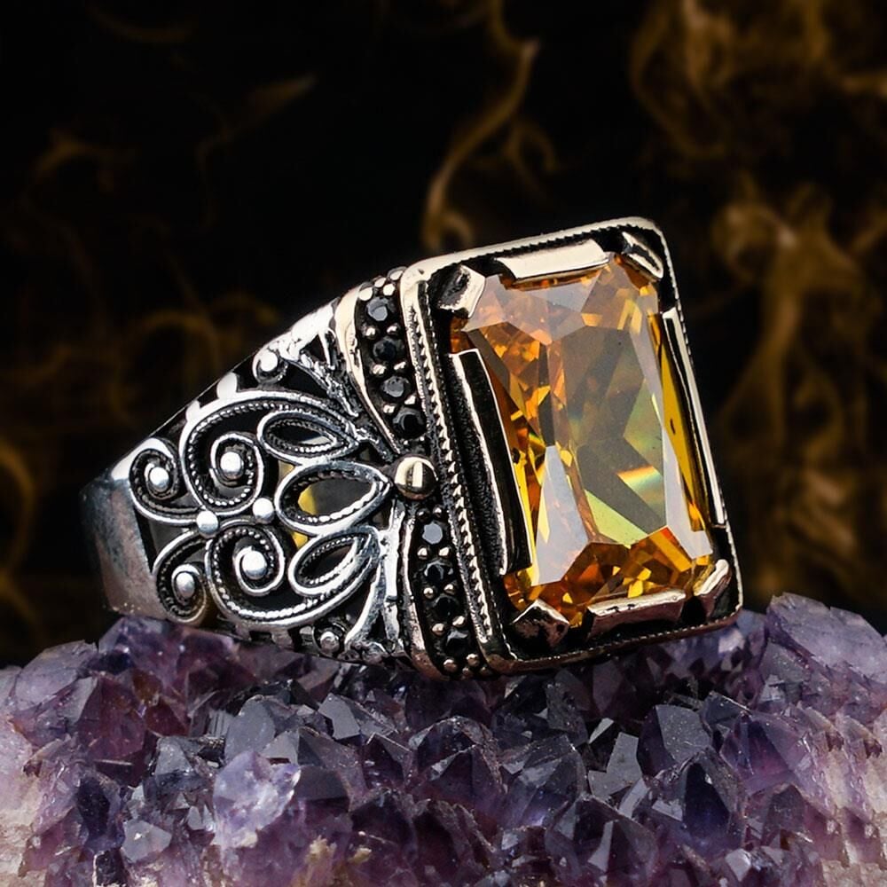 Sarı Zirkon Taşlı 925 Ayar Gümüş Erkek Yüzük