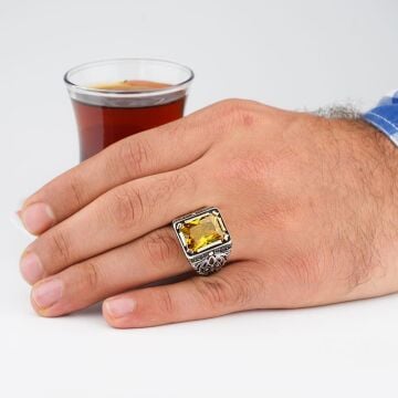 Sarı Zirkon Taşlı 925 Ayar Gümüş Erkek Yüzük