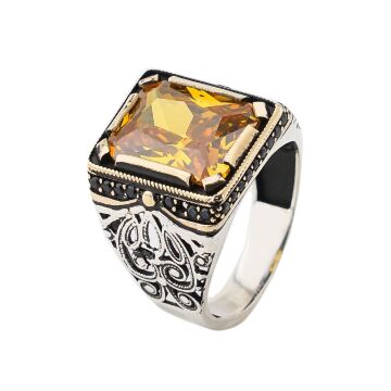 Sarı Zirkon Taşlı 925 Ayar Gümüş Erkek Yüzük