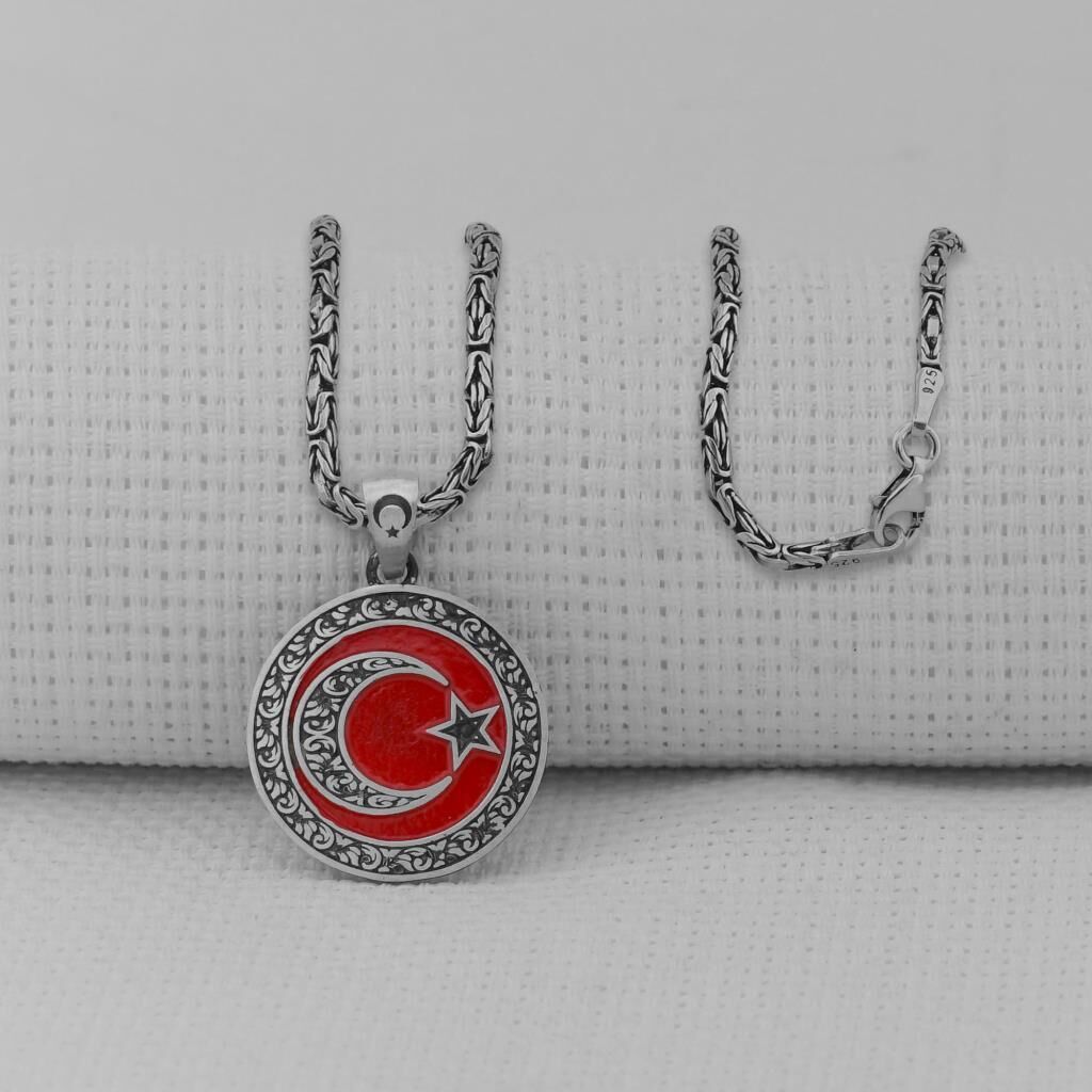 Gravür İşlemeli 925 Ayar Gümüş Orta Boy Ay Yıldız Kolye