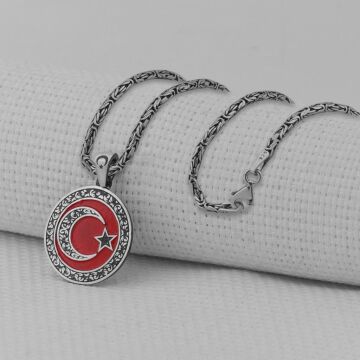 Gravür İşlemeli 925 Ayar Gümüş Orta Boy Ay Yıldız Kolye