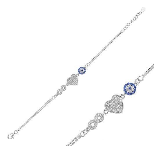 925 Ayar Gümüş Kalpli Sonsuzluk Nazar Boncuk Model Bileklik