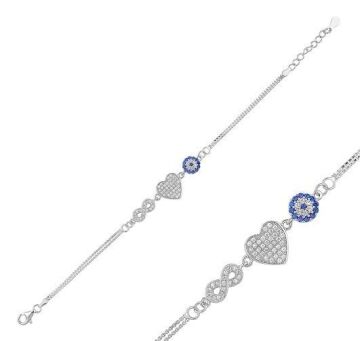 925 Ayar Gümüş Kalpli Sonsuzluk Nazar Boncuk Model Bileklik