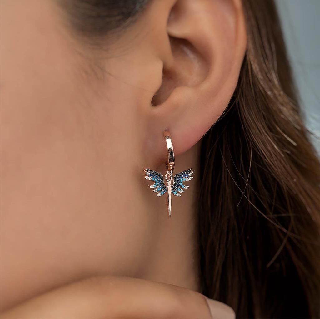 Mikail Kılıcı Mavi Siyah Taşlı Sallantılı Gümüş Küpe