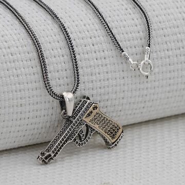 Özel Tabanca Tasarımlı 925 Ayar Gümüş Kolye 60 CM