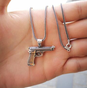 Özel Tabanca Tasarımlı 925 Ayar Gümüş Kolye 60 CM