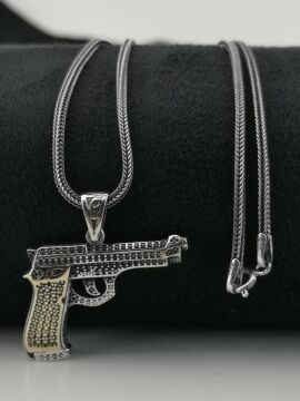 Özel Tabanca Tasarımlı 925 Ayar Gümüş Kolye 60 CM