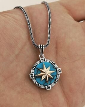 Firuze Taşlı Gümüş Pusula Kolye 60 CM