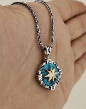 Firuze Taşlı Gümüş Pusula Kolye 60 CM