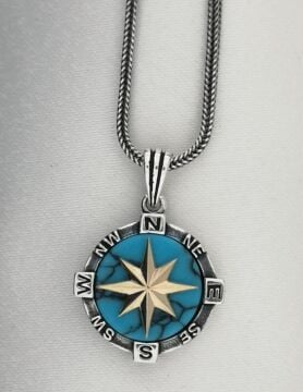 Firuze Taşlı Gümüş Pusula Kolye 60 CM