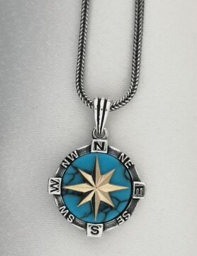 Firuze Taşlı Gümüş Pusula Kolye 60 CM