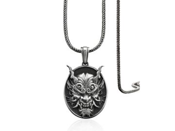 Japon Oni Maskesi Tasarımlı 3 Boyutlu 925 Ayar Gümüş Kolye