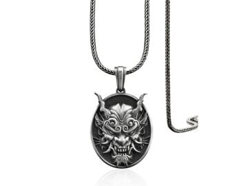 Japon Oni Maskesi Tasarımlı 3 Boyutlu 925 Ayar Gümüş Kolye