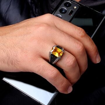 925 Ayar Gümüş Sarı Zirkon Taşlı Yanı Mikro Model Erkek Yüzük