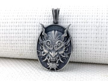 Japon Oni Maskesi Tasarımlı 3 Boyutlu 925 Ayar Gümüş Kolye Ucu