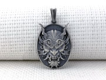 Japon Oni Maskesi Tasarımlı 3 Boyutlu 925 Ayar Gümüş Kolye Ucu