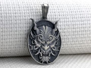 Japon Oni Maskesi Tasarımlı 3 Boyutlu 925 Ayar Gümüş Kolye Ucu