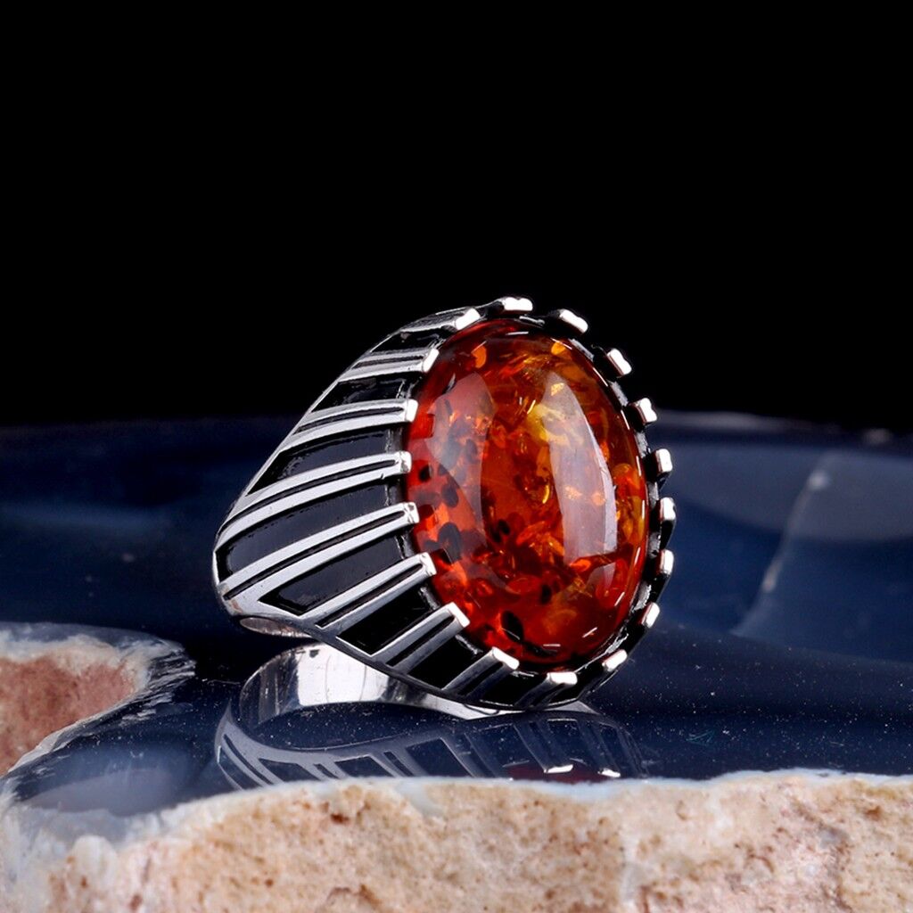 Sentetik Kehribar Taşlı 925 Ayar Gümüş Erkek Yüzük