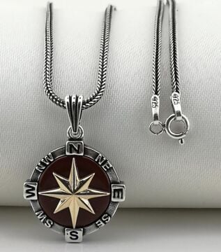 925 Ayar Gümüş Pusula Kolye Kırmızı 60 CM