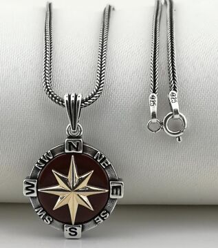 925 Ayar Gümüş Pusula Kolye Kırmızı 60 CM