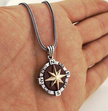 925 Ayar Gümüş Pusula Kolye Kırmızı 60 CM