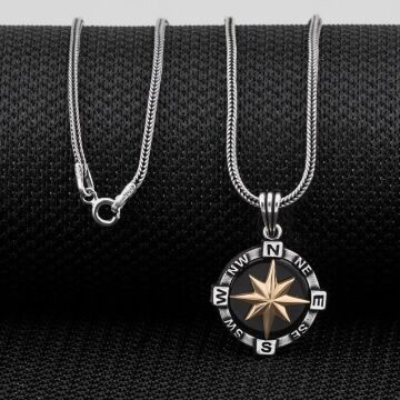 925 Ayar Gümüş Pusula Kolye Siyah 60 CM