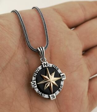 925 Ayar Gümüş Pusula Kolye Siyah 60 CM