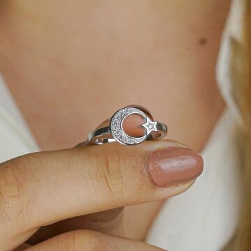 925 Ayar Gümüş Zirkon Taşlı Ay Yıldız Bayan Set